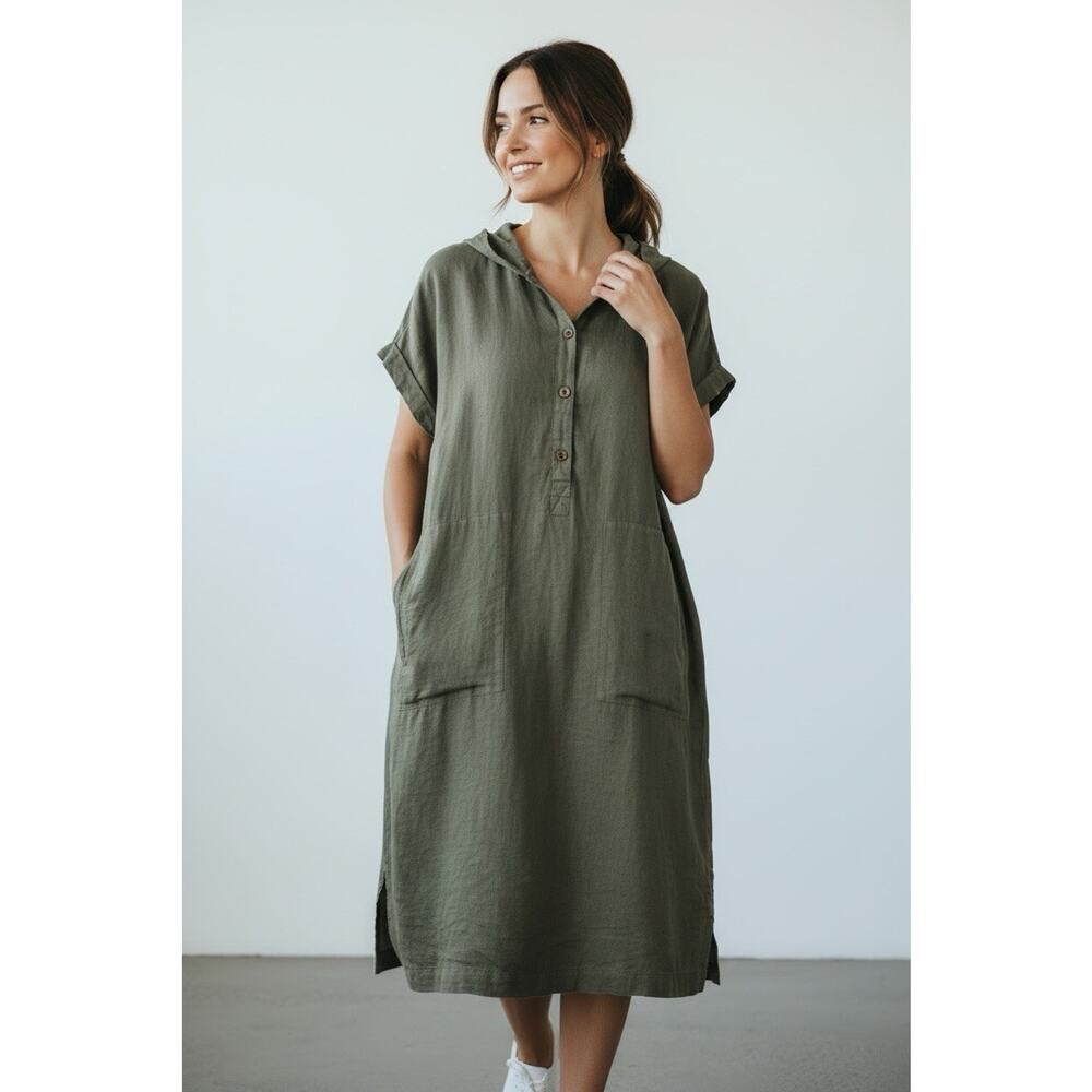 Poetry Women's 100% Linen Tunic Dress Olive Hooded Collar Size US 6 Coastal